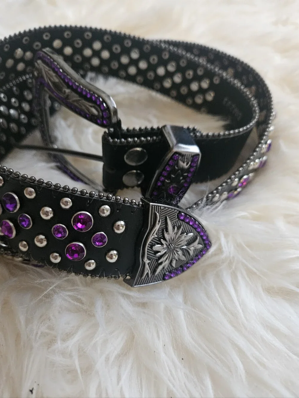 Blacl Leather  Belt With Purple Crystal all Over And Gunmetal Hardware.